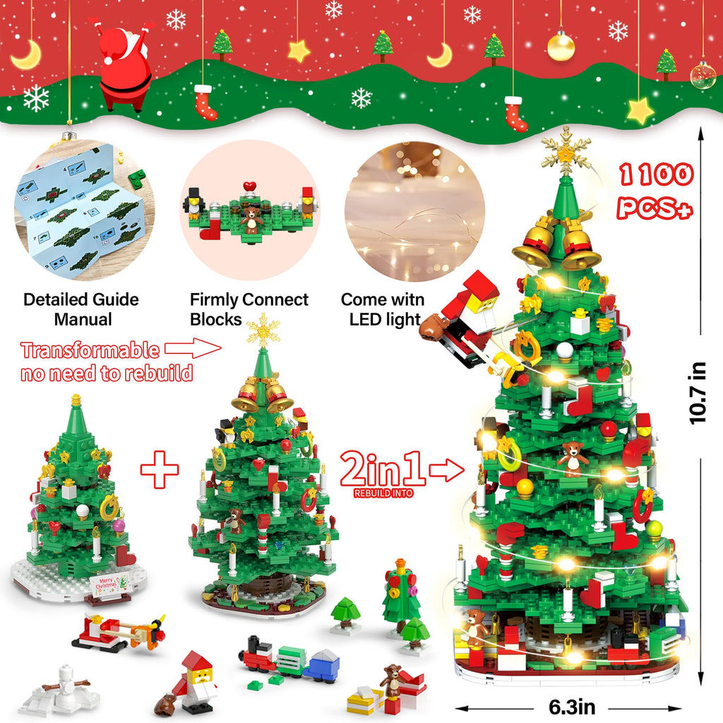 Advent Calendar 2025 Adult Kids Girls Boys Teens Women Men Christmas Tree Building Set,24 Boxes 1100+ Pcs Christmas Countdown Calendar Building Blocks with LED Light stocking stuffers for kids