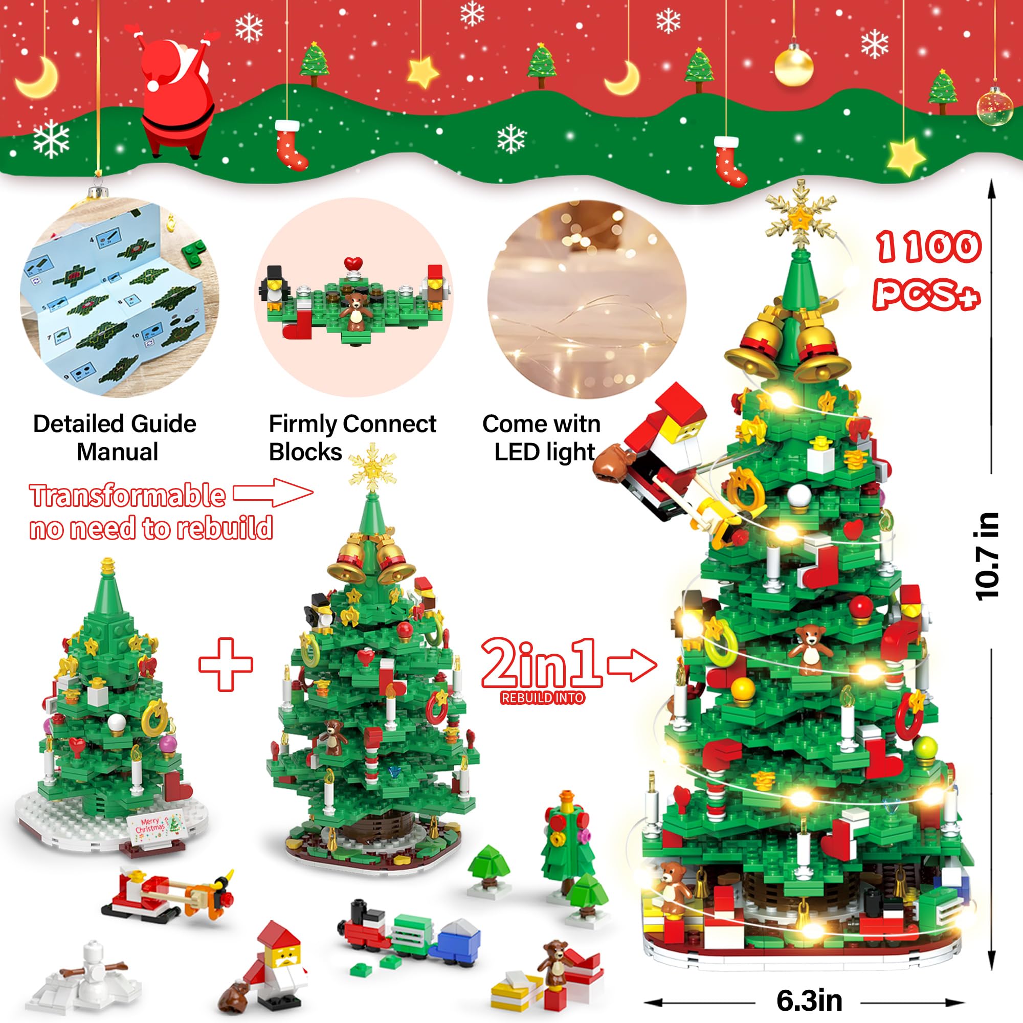 Advent Calendar 2025 Adult Kids Girls Boys Teens Women Men Christmas Tree Building Set,24 Boxes 1100+ Pcs Christmas Countdown Calendar Building Blocks with LED Light stocking stuffers for kids