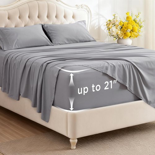 Bedsure Deep Pocket Queen Sheets Set - Soft & Cooling 4-Piece Bed Sheets for Mattresses Up to 21 Inches - Light Grey