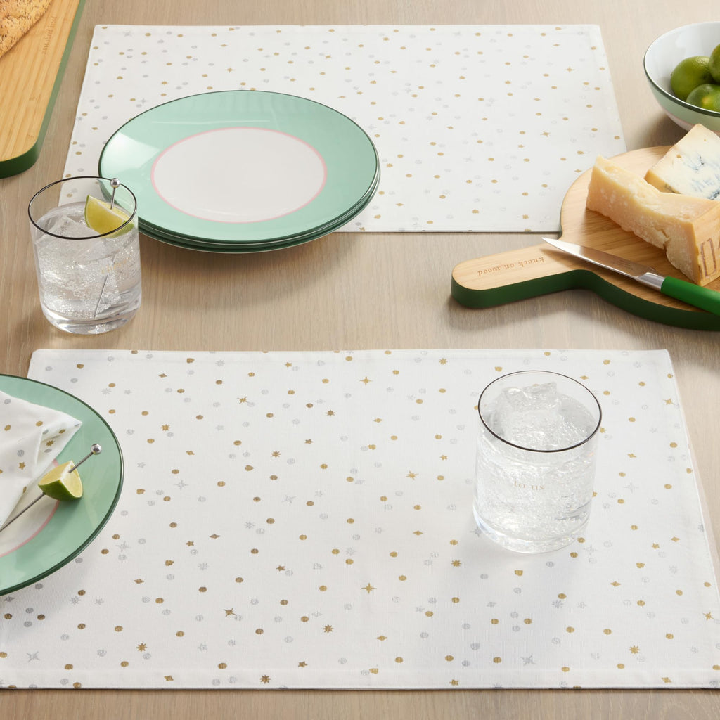kate spade new york Celebration Confetti Dot Holiday Reversible Placemats 4-Pack Set, 100% Cotton with Metallic Print, Machine Washable, Ivory/Gold/Silver, 13"x19"