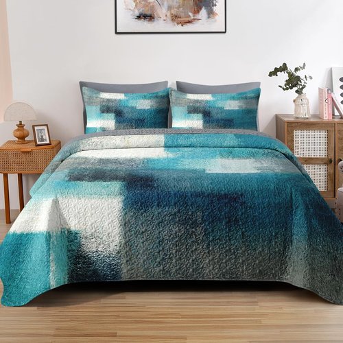 Pamnest Quilt Set Full/Queen Size, Turquoise Grey Painting 3 Pcs Soft Bed Cover Bedding Set for Kids and Adults, Teal Contemporary Gray Lightweight Bedspread Coverlet with Pillow Sham for All Season