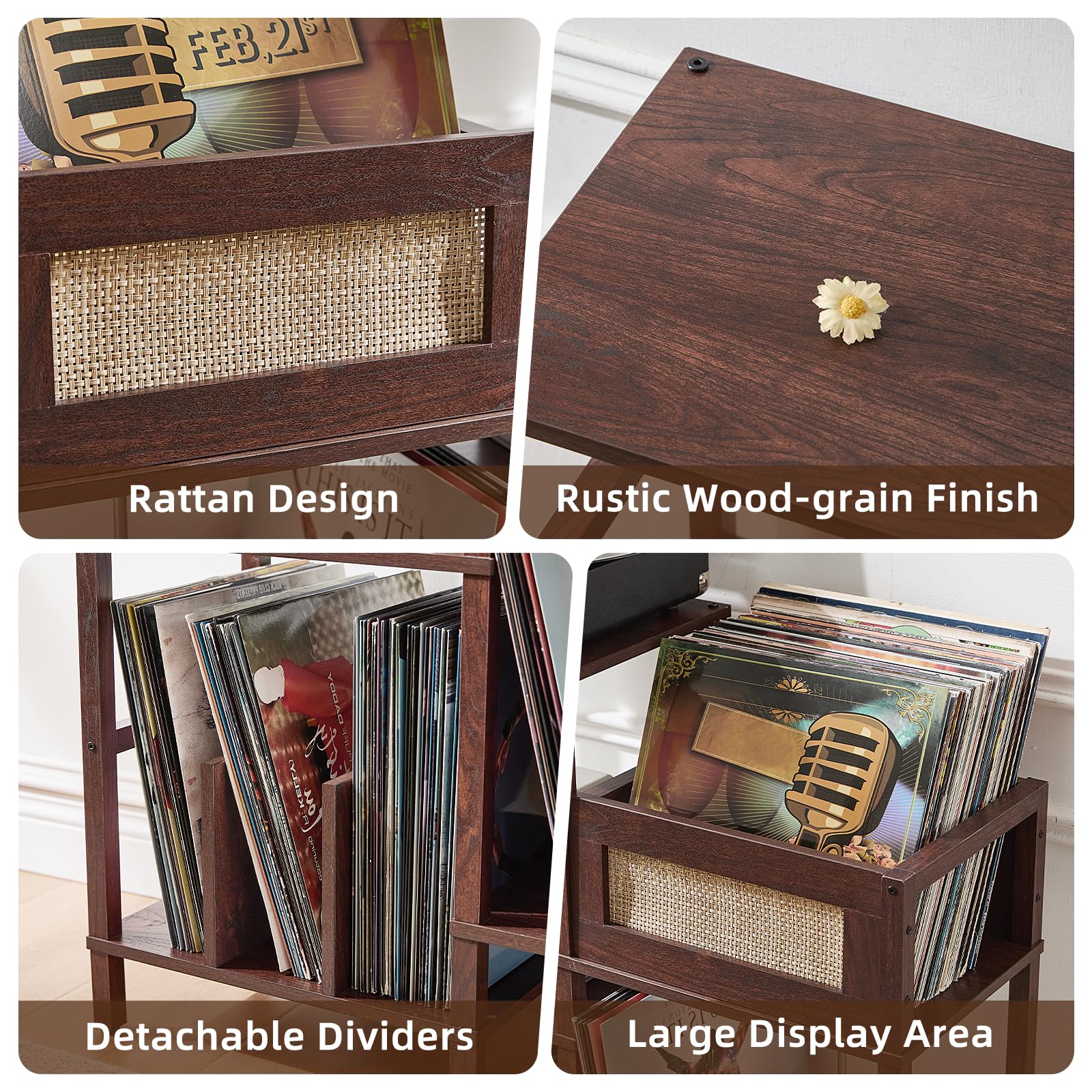 LELELINKY Record Player Stand, Vintage Walnut Wood Record Holder with Vinyl Storage Holds up to 300+ Albums, 3-Tier Rattan Media Table with Vinyl Display Shelf, Record Storage Cabinet for Living Room