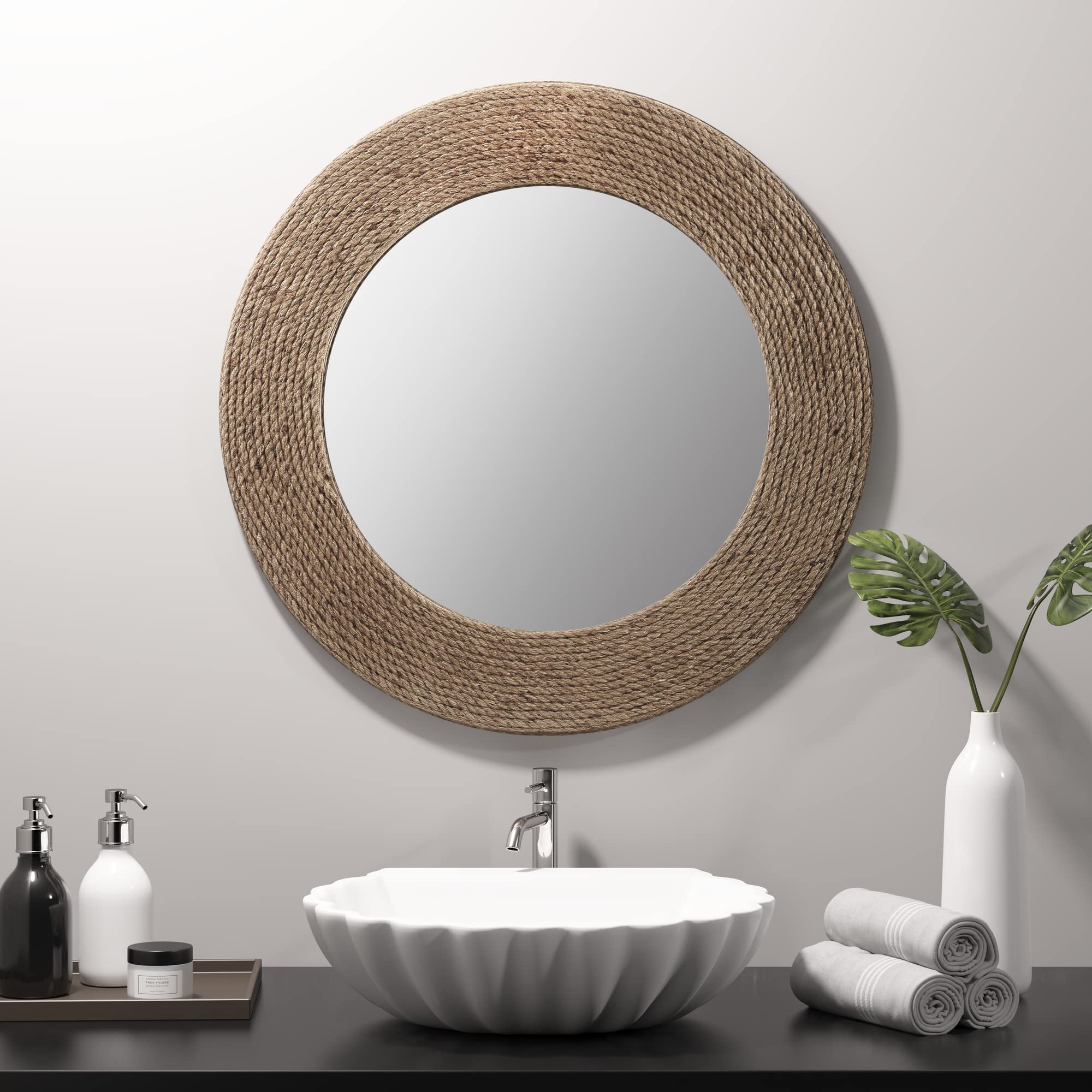 Madison Park Wall Décor Cove Cottage Style Round Jute Rope Frame, Mirror for Living Room, Console Table Center Piece Home Accent, Ready to Hang Bedroom Decoration, 26" W x 26" H, Natural