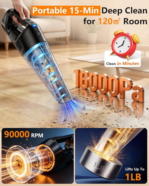 Handheld Vacuum - 26000Pa Strong Suction | 15-Min Fast Cleaning, 1000mL Dust Cup, Cordless Design