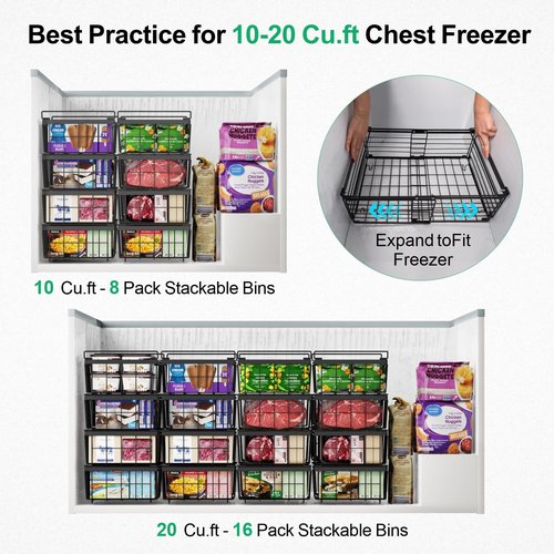 iSPECLE 4 Pack Freezer Organizer Bins, Adjustable Wire Baskets for 10 to 20 Cu.Ft Chest Freezer, Stackable Storage with Handles, Deep Freeze Organizer for Meat & Vegetables, Black