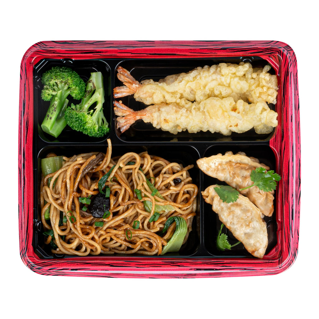 Restaurantware Bento Tek 15.2 Ounce Meal Prep Containers, 50 Disposable To Go Food Boxes - Lids Sold Separately, 4 Compartments, Red And Black Plastic Bento Lunch Boxes, Freezable, For Take Out