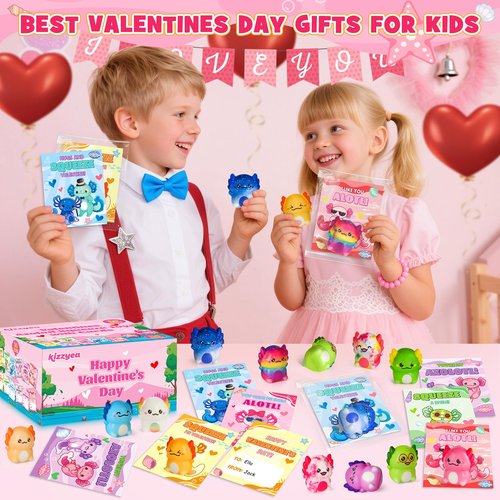 24 Packs Valentines Day Cards for Kids School with Axolotl Slow Rising PU Squishy Toys, Valentines Day Gifts for Kids, Kawaii Squeeze Toys for Boys Girls, Ideal Valentine Party Favor, Classroom Prizes