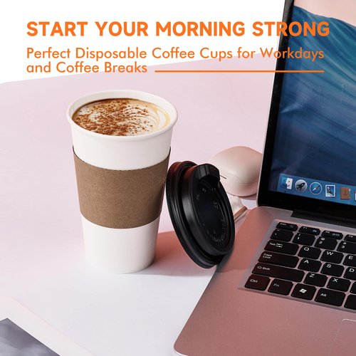 METAPRINT 100 Pack 12 oz Disposable Coffee Cups with Lids and Sleeves, Paper Coffee Cups for Hot/Cold Drinks, Leak-Proof To Go Cups with Lids for Home, Cafes, Events and Office