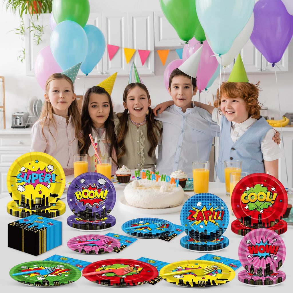96Pcs Super Theme Hero Party Plates and Napkins Forks for Comic Heroes Birthday Decorations Hero's Action Sign Cityscape Buildings Tableware Set for 24 Guests Birthday Party Supplies Favors
