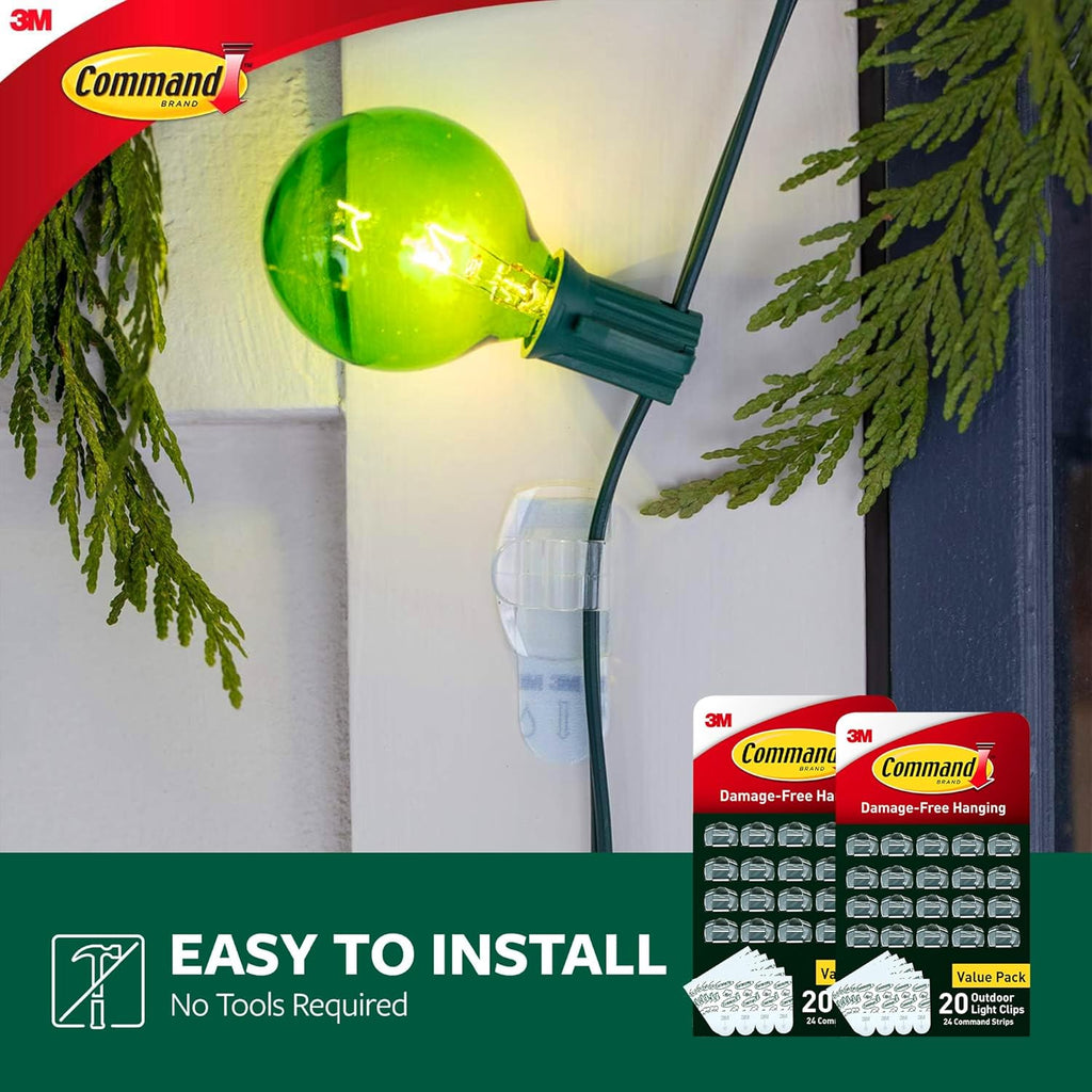 Command Outdoor Light Clips - 40 Clear Clips & 48 Strips | Damage-Free Hanging & Weather-Resistant Design