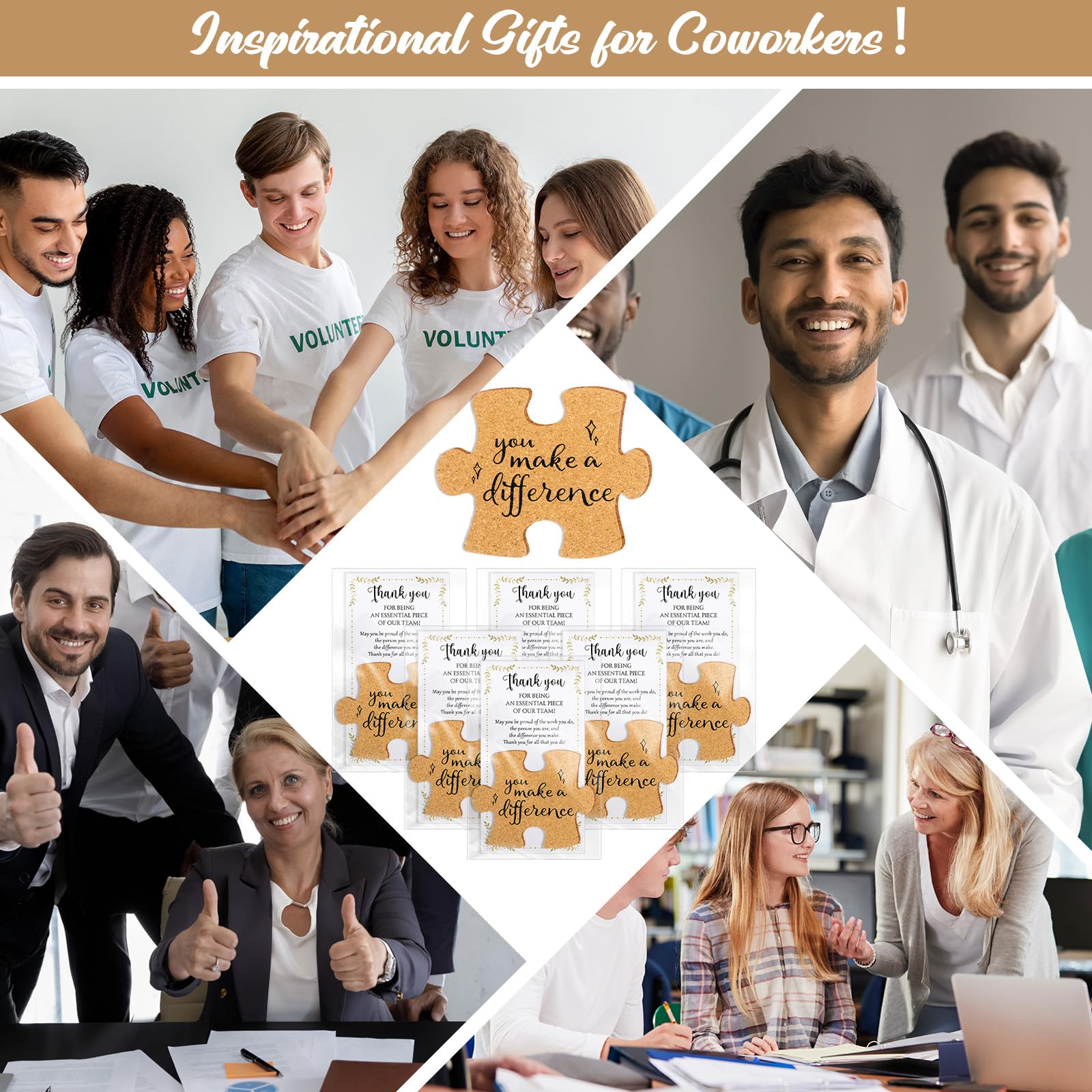 Hushee Inspirational Gift for Coworker Motivational Puzzle Piece Coasters Employee Appreciation Gifts with Cards Bags for Social Worker Staff Office(60 Pcs,You Make A Difference)