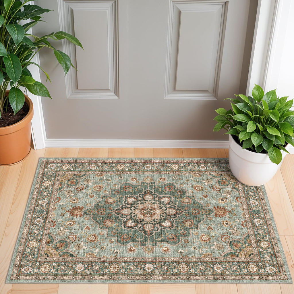Washable Oriental Area Rug - 2x3 Rugs for Living Room Soft Carpet for Bedroom Waterproof Floral Distressed Indoor Stain Resistant Non-Shedding Floor Carpets (Green, 2x3)