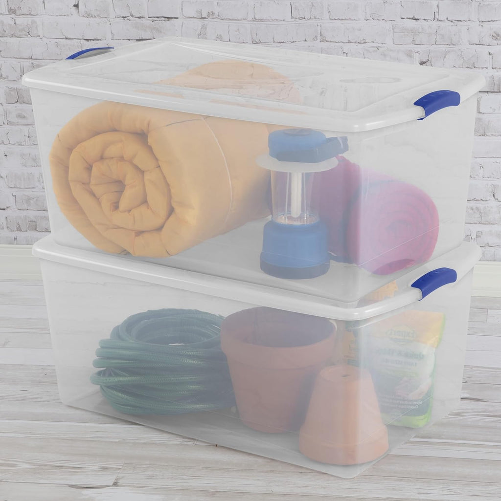 Skiennix 105 Qt. Plastic Storage Bin - Durable, Stackable Clear Tote with Blue Buckles | Ideal for Organization
