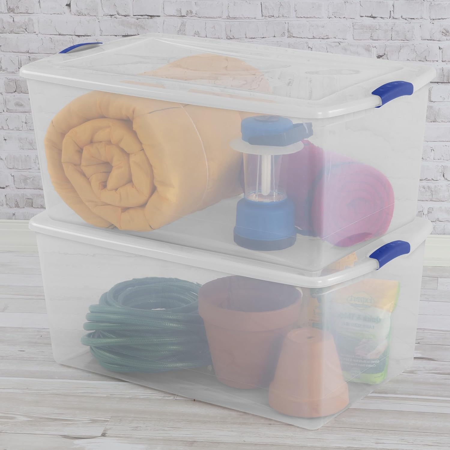 Skiennix 105 Qt. Plastic Storage Bin - Durable, Stackable Clear Tote with Blue Buckles | Ideal for Organization