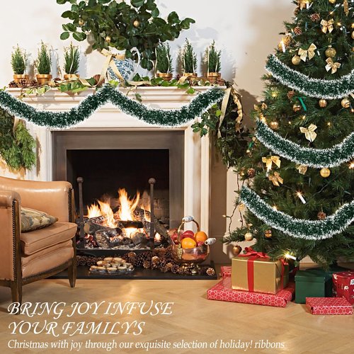 23Ft Christmas Garland - Metallic Twist Tinsel Decorations for Indoor & Outdoor, Ceiling Hanging for New Year (Green)