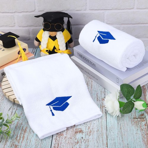FYSUIMU Graduation Hand Towels - Embroidered Cotton Bath Towels | Blue Diploma Cap Design, 29.5 x 13.7 Inch