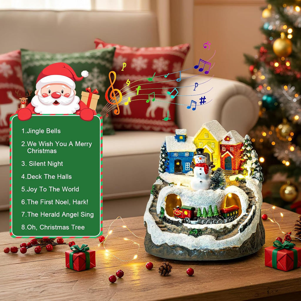 ZQQLITE Animated Musical Christmas Snowman Village - Lighted Figurines with Rotating Train for Home Decor