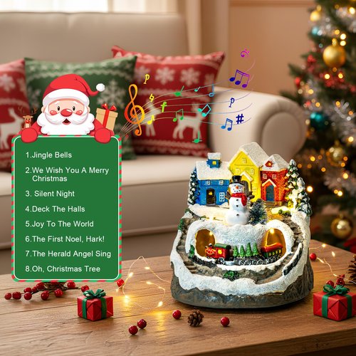 ZQQLITE Animated Musical Christmas Snowman Village Houses with Rotating Train, Lighted Christmas Village Collection Figurines for Home Tabletop Decorations Ornaments Gifts