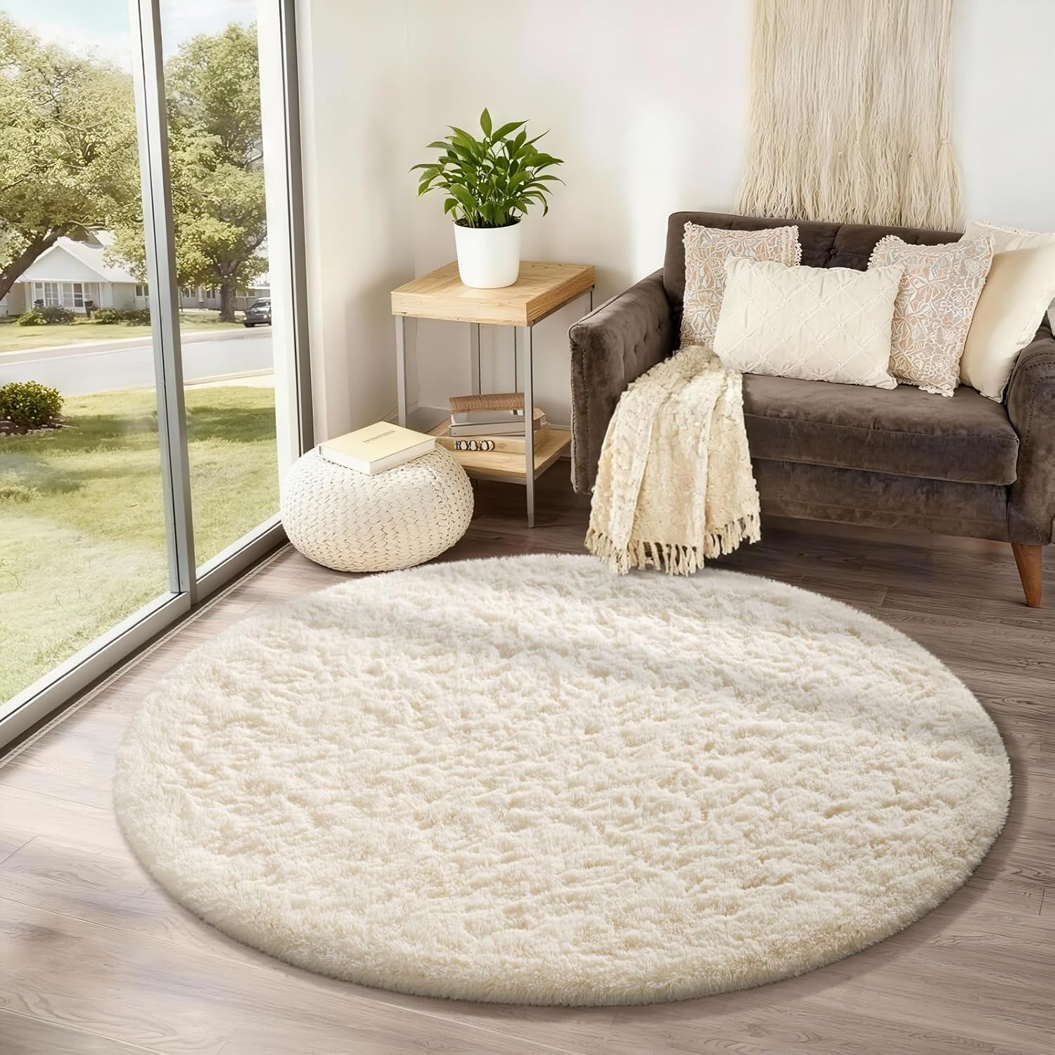 Ophanie Round Rug - 4Ft Ivory Circle Area Rug | Fluffy Plush Shag Carpet for Bedroom & Nursery