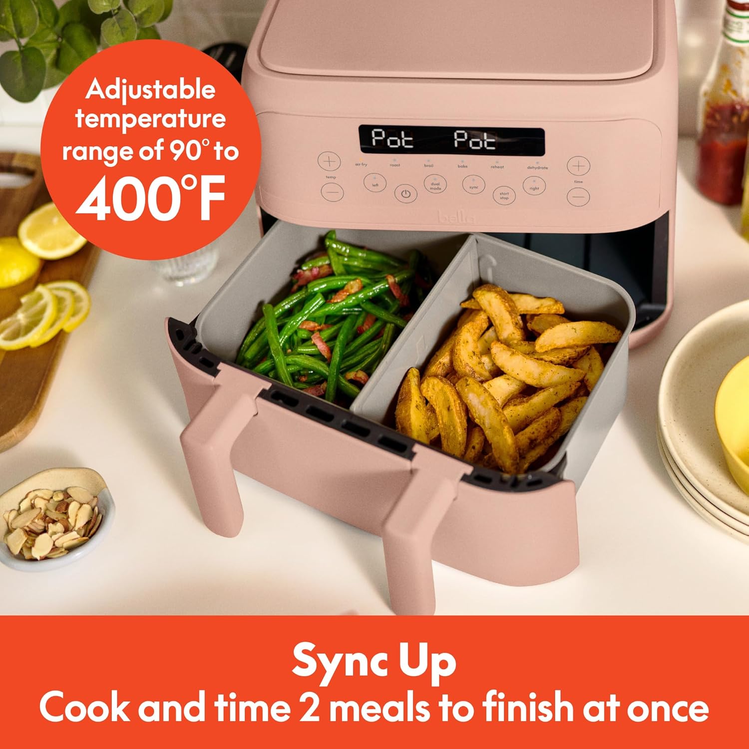 Bella 4 Qt TriZone Air Fryer - EverGood™ Ceramic Nonstick, Dual Basket Design | Digital Touchscreen, 1200W