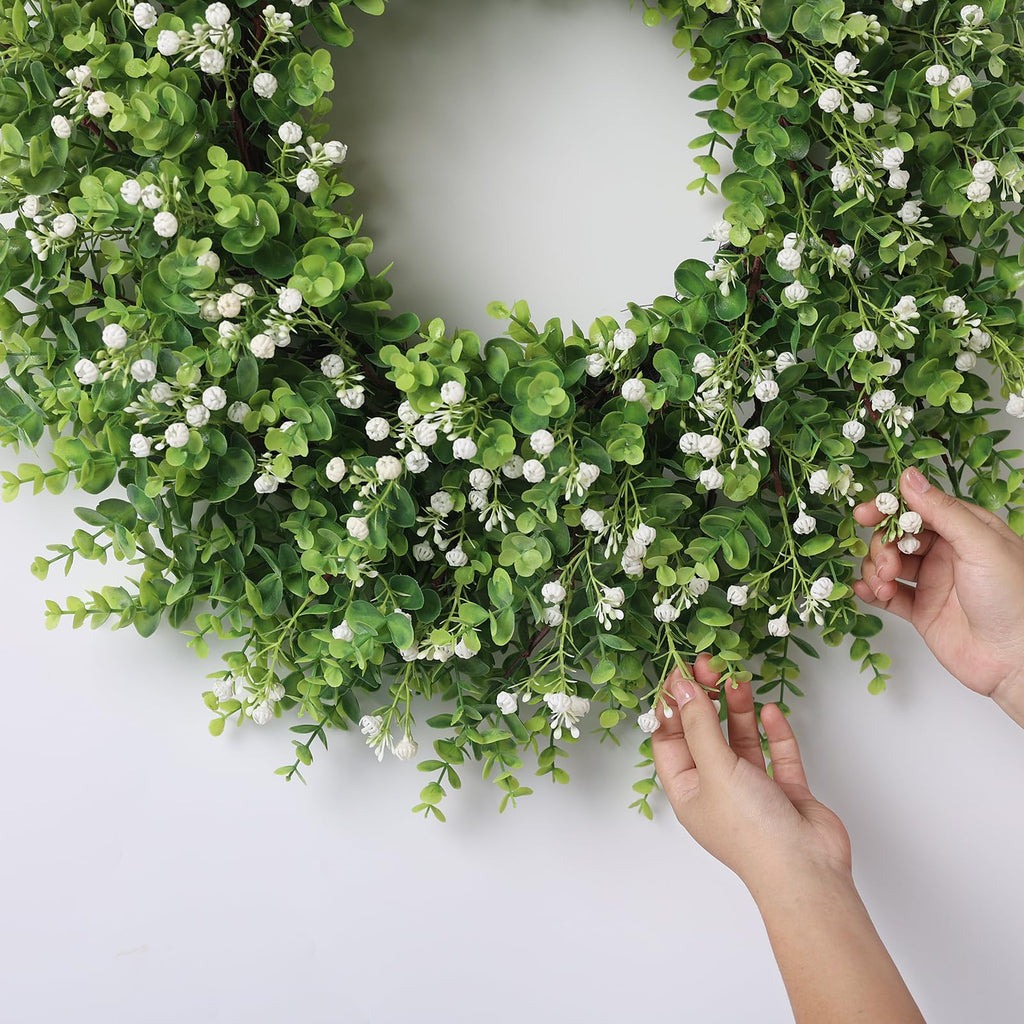 26" Artificial Eucalyptus Wreath with Baby's Breath for Front Door - Faux Eucalyptus Leaves, Fake Spring/Summer Greenery Flowers Wreath for Porch, Farmhouse, Wall, Window Outdoor Decor(White-Green)