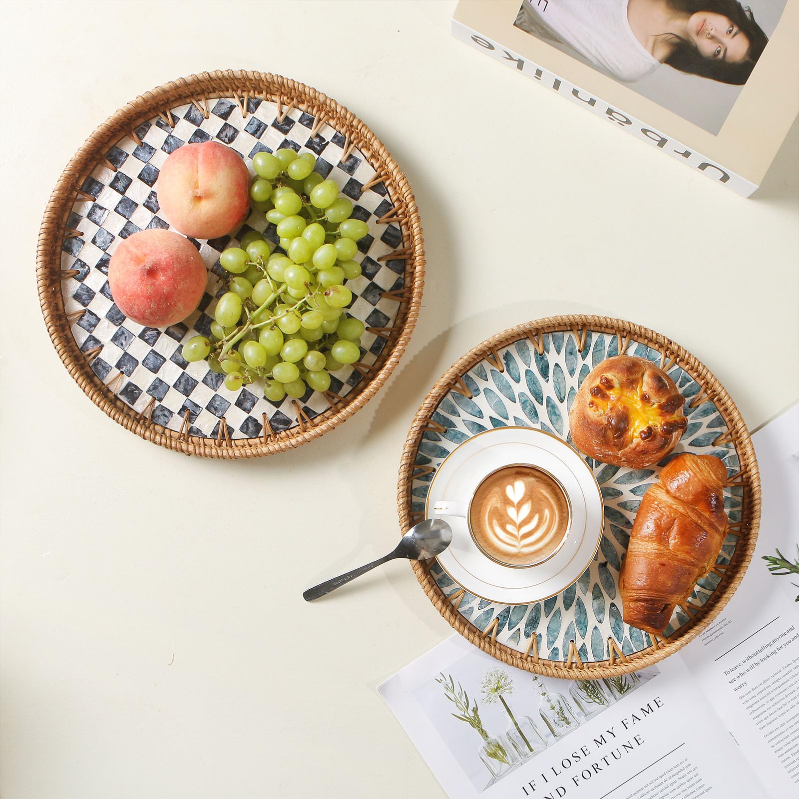 Aayoruro Round Rattan Tray with Mother of Pearl Inlay, Decorative Wicker Serving Tray with Wooden Base, Woven Basket Trays for Bread Fruits Coffee, Light Blue