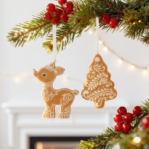 Cynkeyee Gingerbread Decorations - 2 Pcs Resin Tree & Deer Ornaments for Christmas | 4.5x0.5x3 IN