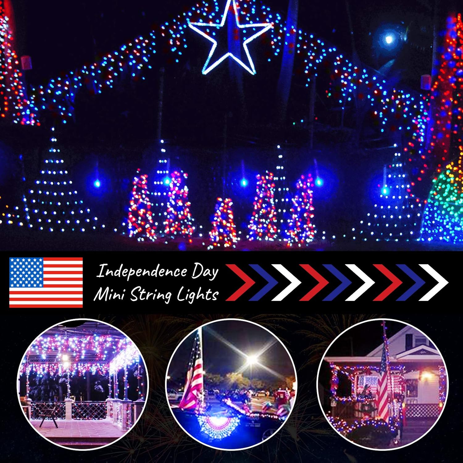 Skiennix Patriotic Mini String Lights - 200 Count 50 Feet Waterproof Red White Blue for 4th of July Decor