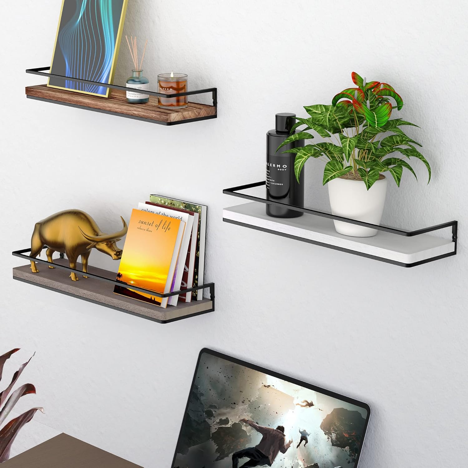 Meangood Floating Shelves - Rustic Wall-Mounted Storage Set of 2 for Bedroom, Living Room & Kitchen