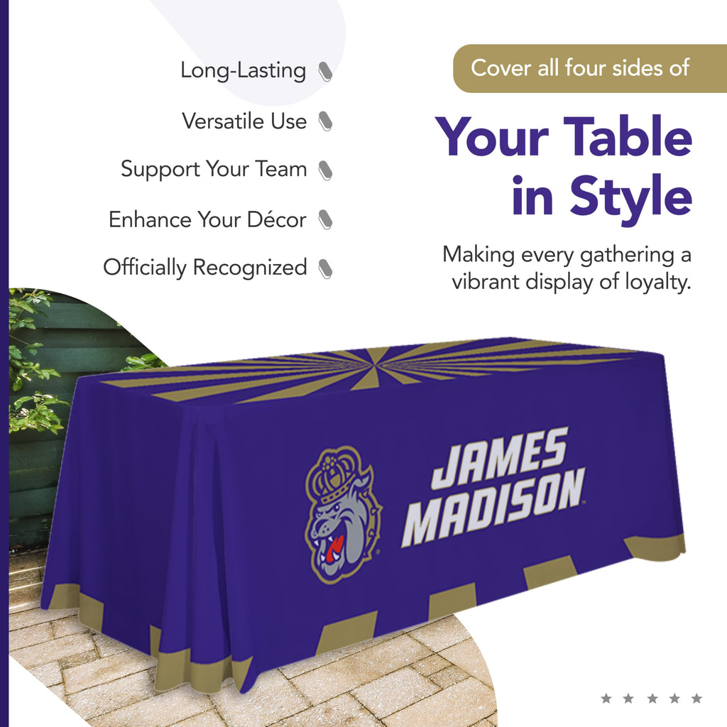 Victory Corps James Madison Dukes College Sports Printed Table Throw - NCAA Licensed - Polyester - School Tablecloth (Black, Purple, Gold) (6' Draped)