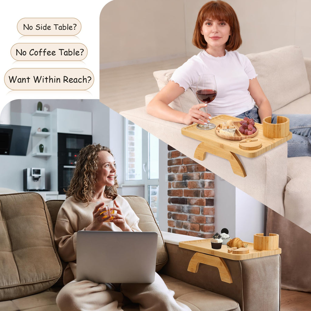 Sofa Arm Tray Linsongmax Large Couch Cup Holder Tray with Rotated Swappable Cup Holder Phone Stand Fit Various Armrest Sofa Side Tables for Living Room,15.36x9.85inch Bamboo Natural