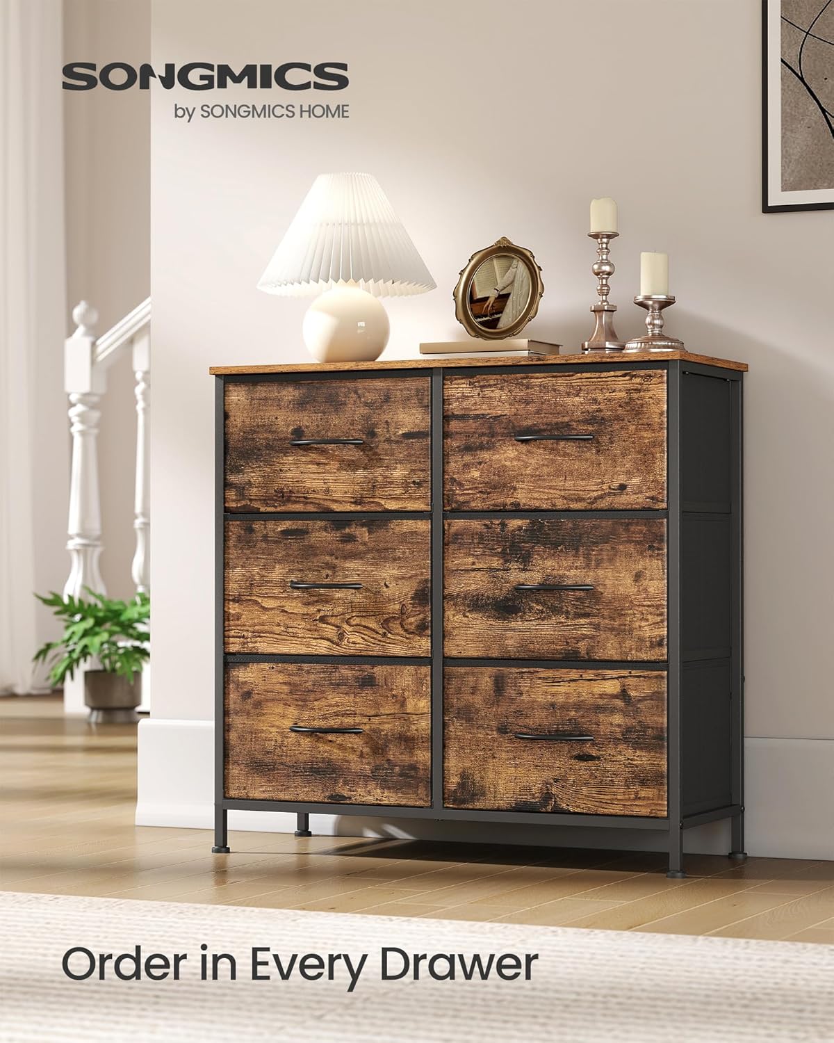 SONGMICS Dresser - 6 Non-Woven Fabric Drawers Storage Organizer Unit for Bedroom | Rustic Brown & Ink Black