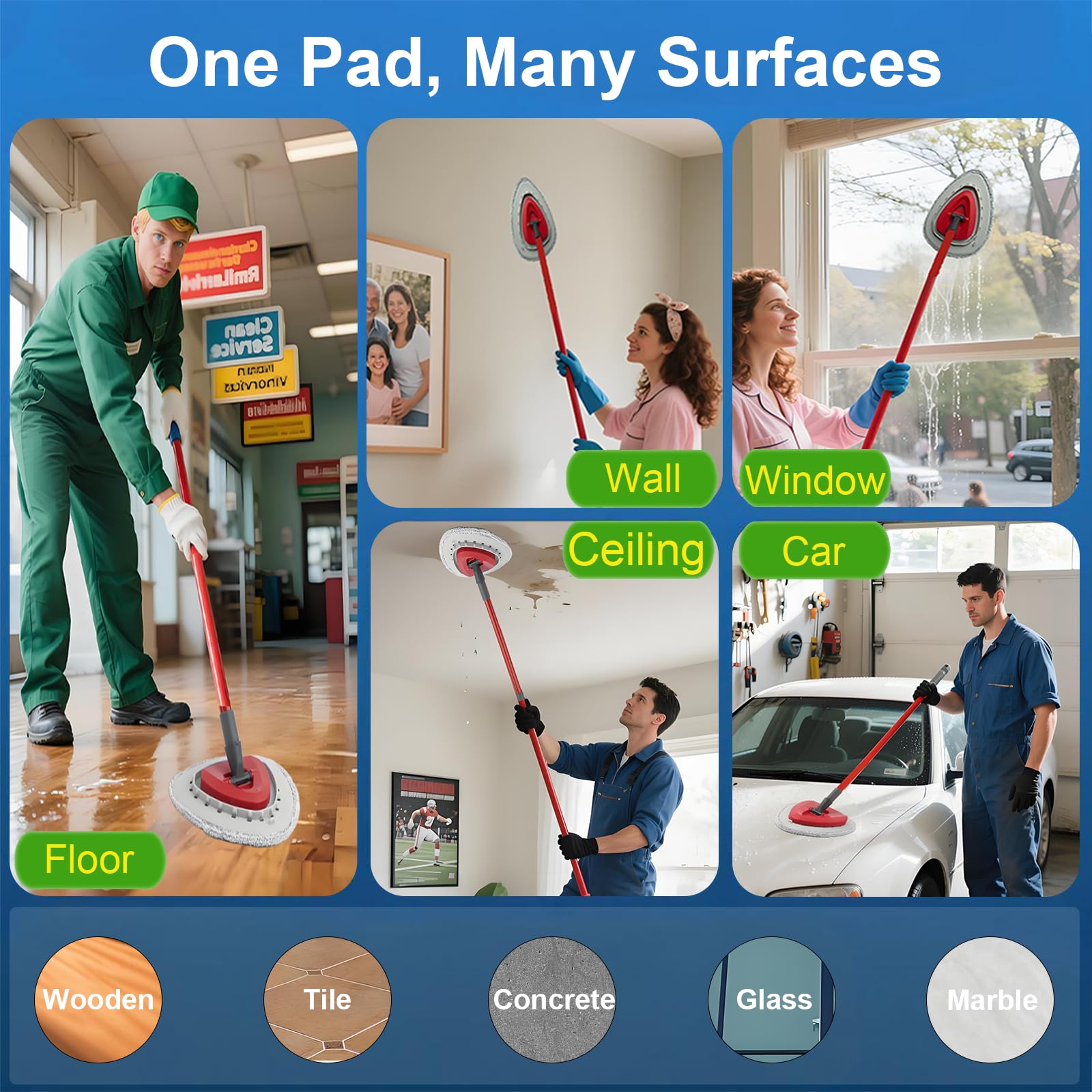 Flat Mop Head Replacements for Ocedar, Microfiber Mopping Head Refill for O-Cedar EasyWring and RinseClean Sys, 4 Pack Flat Spin Mop Pads & 1 Plastic Pad for Cleaning Floor, Wall, Ceiling