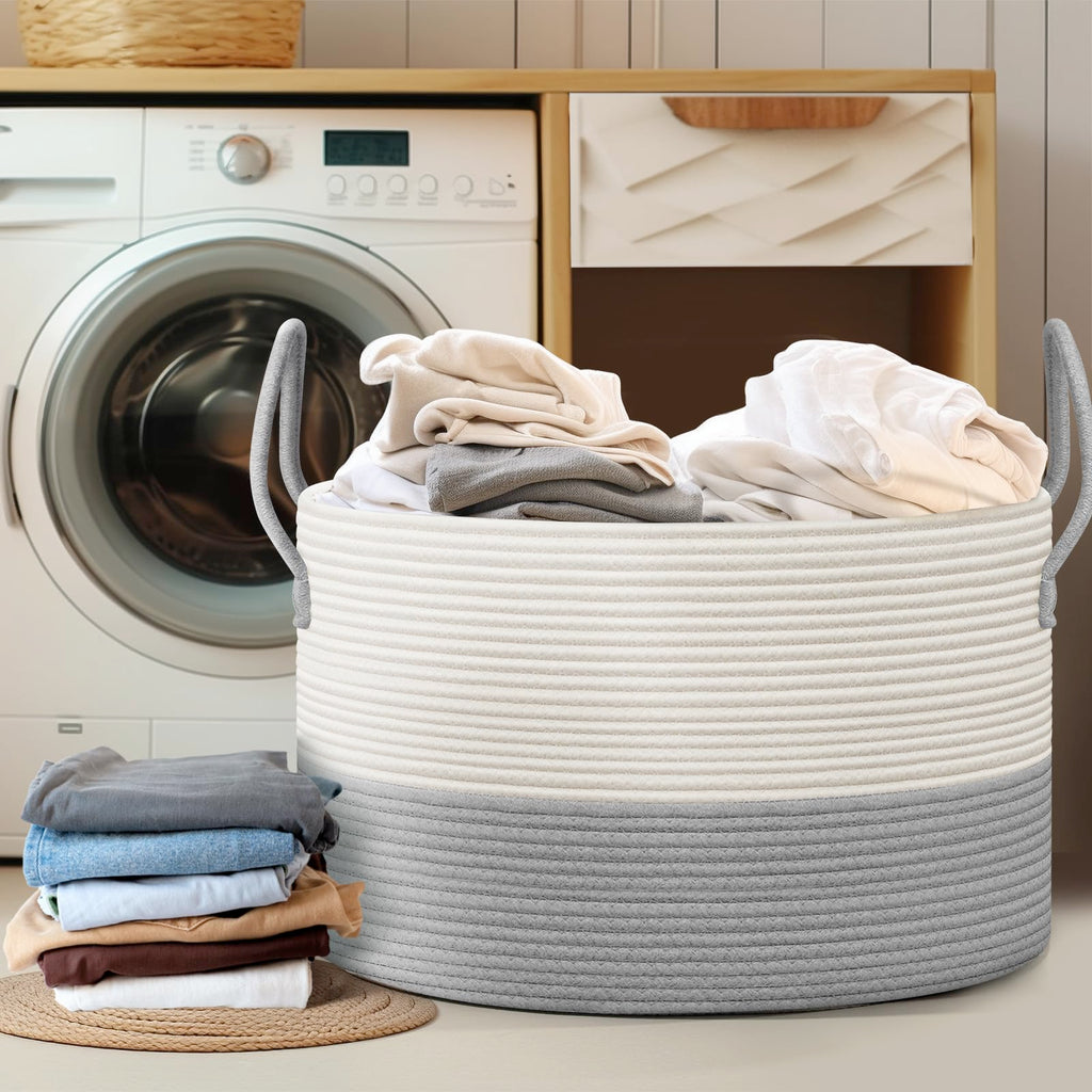 noonkty Blanket Basket Living Room - Toy Storage Basket, 21.7" X 21.7" X 13.8" XXL Cotton Rope Woven Laundry Baskets with Handles, Large Baskets for Storage Nursery Hamper