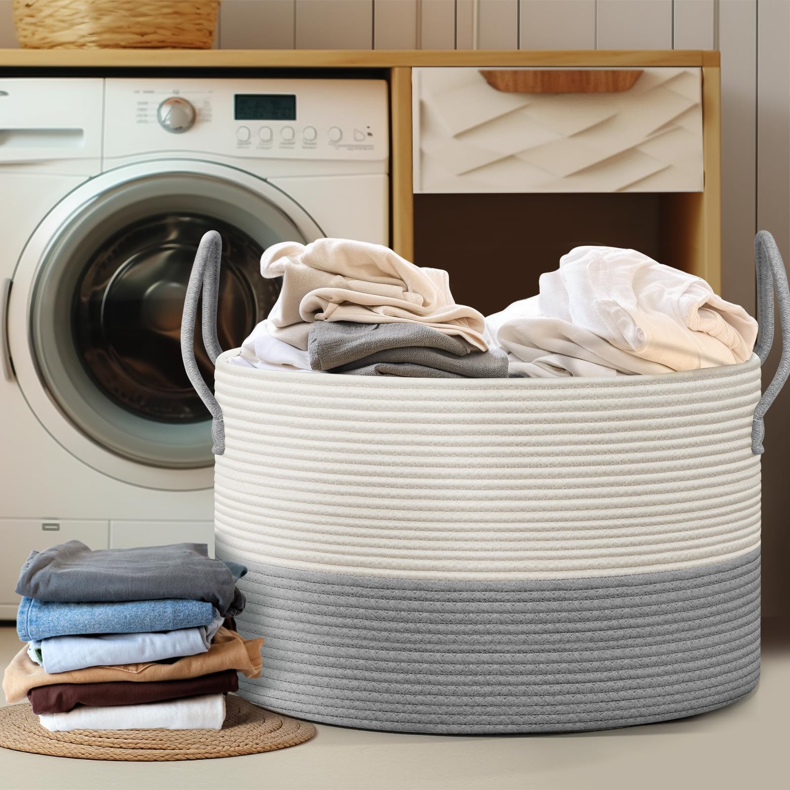noonkty Blanket Basket Living Room - Toy Storage Basket, 21.7" X 21.7" X 13.8" XXL Cotton Rope Woven Laundry Baskets with Handles, Large Baskets for Storage Nursery Hamper