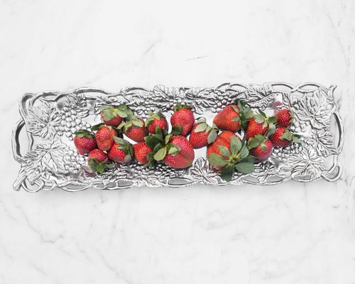 Arthur Court Metal Oblong Serving Tray Grape Pattern Sand Casted in Aluminum with Artisan Quality Hand Polished Designs Tarnish Free 19 inch x 5.5 inch