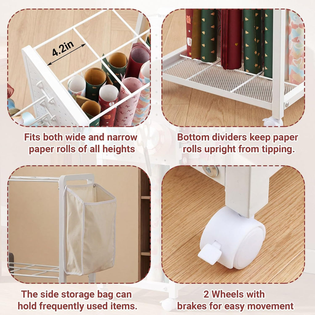 Skiennix Wrapping Paper Storage Organizer - Rolling Cart with Lockable Wheels & 15 Slap Bands | Fabric Drawer & Ribbon Holder