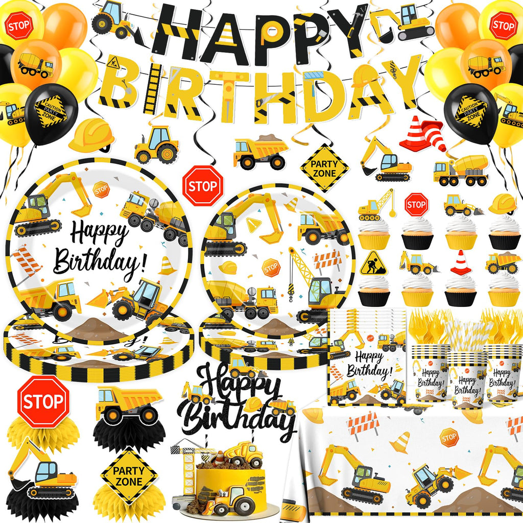 Construction Birthday Decorations,245PCS Construction Birthday Party Supplies-Includes Plates Napkins Cups Banner Balloons Tablecloth and Cake Toppers for Kids TruckTheme Celebration Tableware