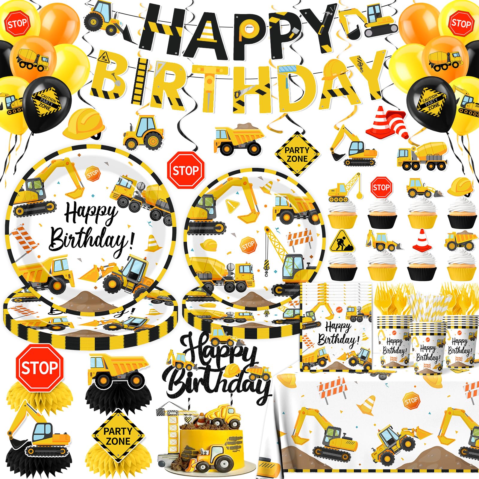 Construction Birthday Decorations,245PCS Construction Birthday Party Supplies-Includes Plates Napkins Cups Banner Balloons Tablecloth and Cake Toppers for Kids TruckTheme Celebration Tableware