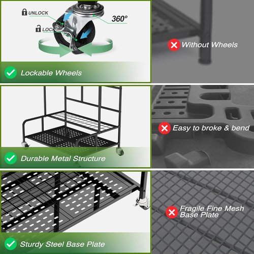 Garden Tool Organizer Rack - Heavy-Duty Steel with Wheels | Holds Up to 39 Tools, 12 Hooks, Black