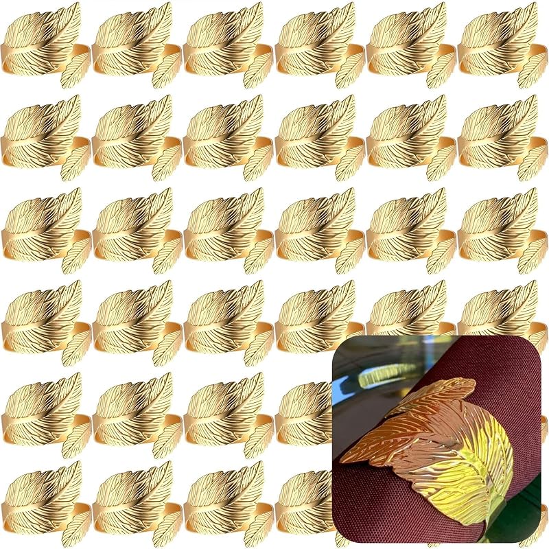 Leaf Napkin Rings Set of 100 - Gold Metal Dinner Table Decor for Thanksgiving & Christmas
