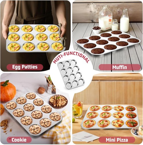 E-far Muffin Top Pan - 12-Cavity Stainless Steel Bakeware for Yorkshire Pudding & More | Non-Toxic & Dishwasher Safe