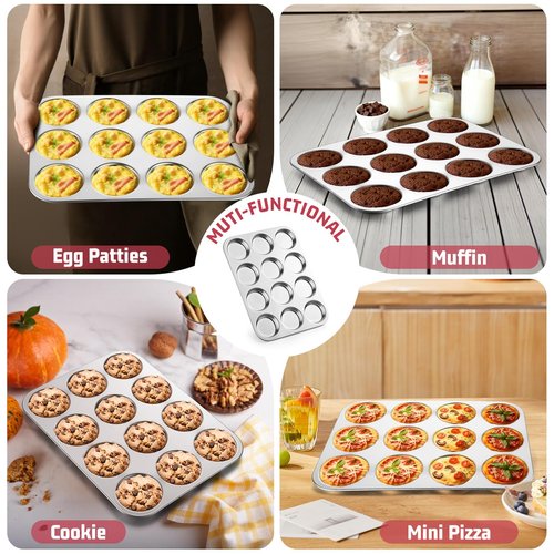 E-far Muffin Top Pan, 12-Cavity Stainless Steel Shallow Cupcake Pan for Yorkshire Pudding, Eggs, Whoopie Pie, Cornbread, Non-toxic & Dishwasher Safe - 2 Pcs