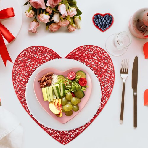 Jinei 16 Pcs Valentine‘s Day Tableware Set Include Large Pink Heart Ceramic Flat Plates White Dinner Ceramic Plates Red Heart Dish Bowls and Place Mats for Wedding Anniversary Party Decorations