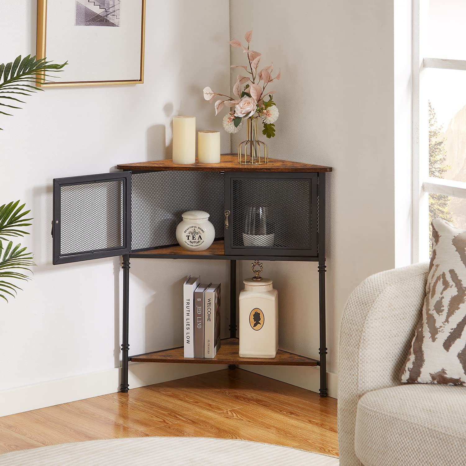 VECELO 3-Tier Corner Shelf with Storage Cabinet, 29" Tall Multiple Purpose Free Standing Shelves Organizer for Small Spaces, Living Room, Bedroom, Kitchen, Balcony, Brown