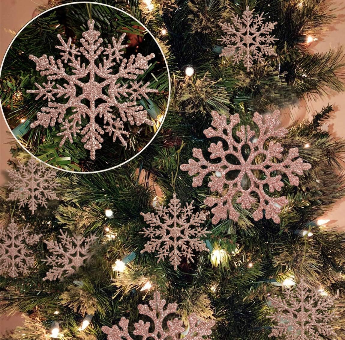 Regine Switzerland 36-Piece Christmas Rose Gold Snowflake Ornaments - Glittery Winter Tree Decor