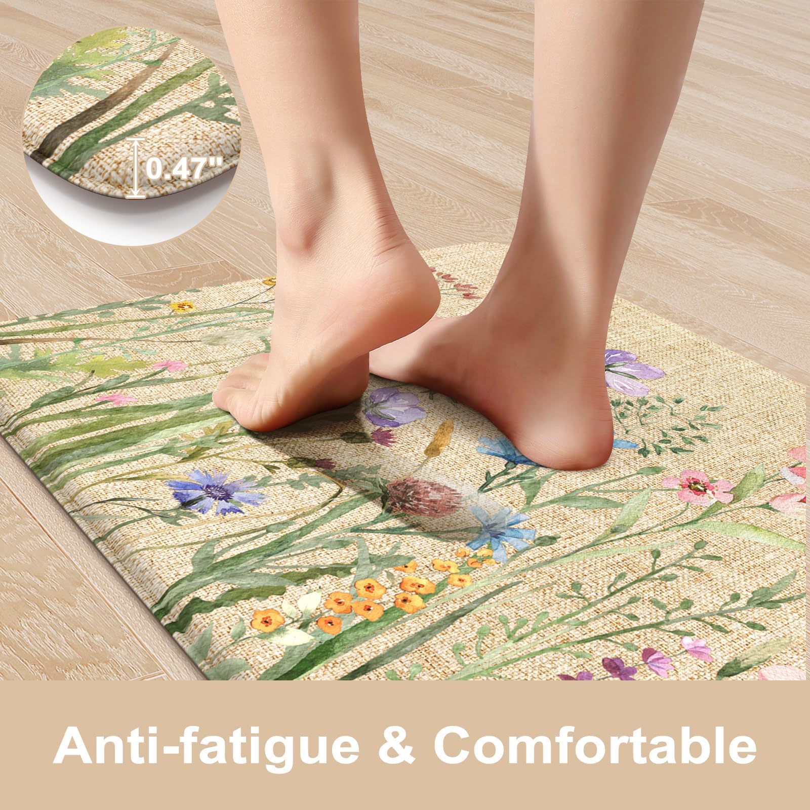 KIMODE Kitchen Anti Fatigue Mats, Farmhouse Flower Kitchen Rugs Sets of 2, Memory Foam Kitchen Mats for Floor, Waterproof Non Skid Standing Mats for Sink Laundry Office Desk Brown 20"x71"+20"x32"