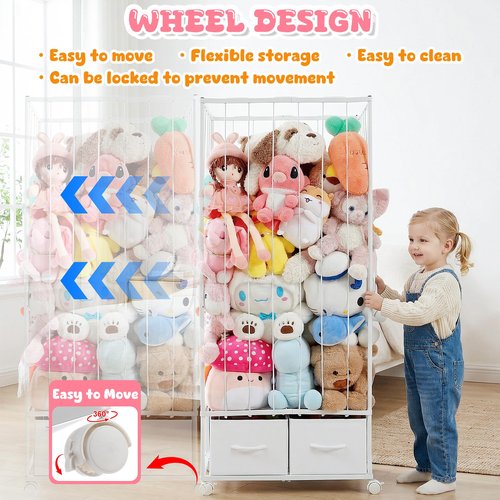 Stuffed Animal Storage Organizer, Jumbo Metal Stuffed Animal Zoo with 2 Drawers and Lockable Casters, 54"x24"x16.5" Extra Large Stuffed Animal Storage Holder Organizers for Playroom Bedroom Nursery