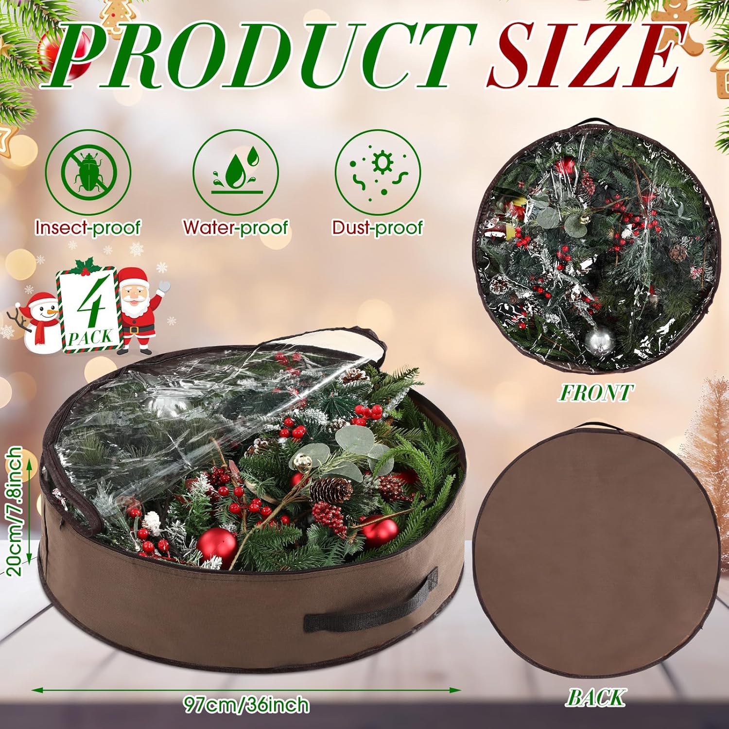 Skiennix Wreath Storage Container - 36 Inch Christmas Wreath Box with Clear Window & Handles, Brown