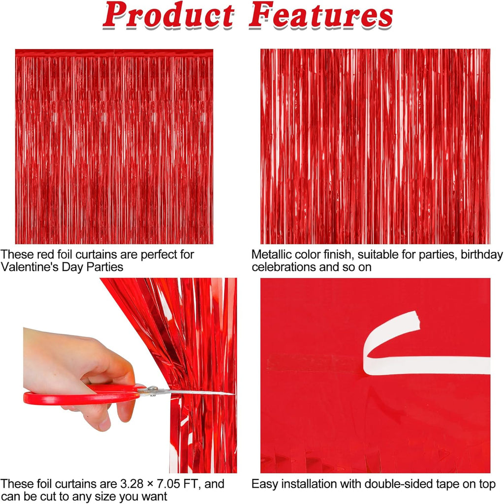 Regine Switzerland Red Curtains - 12 Pack Metallic Fringe Tinsel Backdrop | 3.28 FT x 7.05 FT Party Decor
